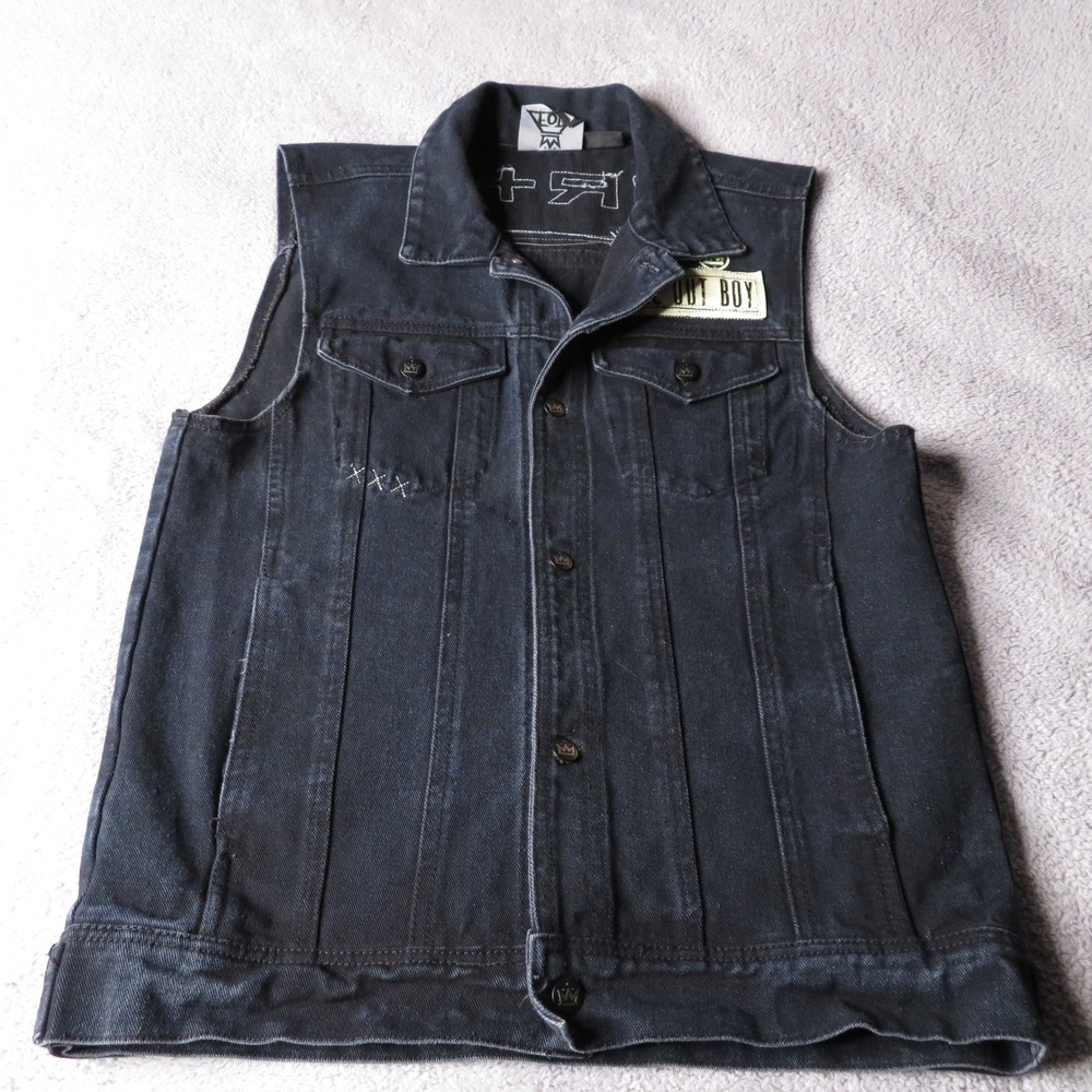 Fall Out Boy Black Denim Band Vest Skeleton Boys Back Patch Mens Small FOB Rock - Picture 2 of 8